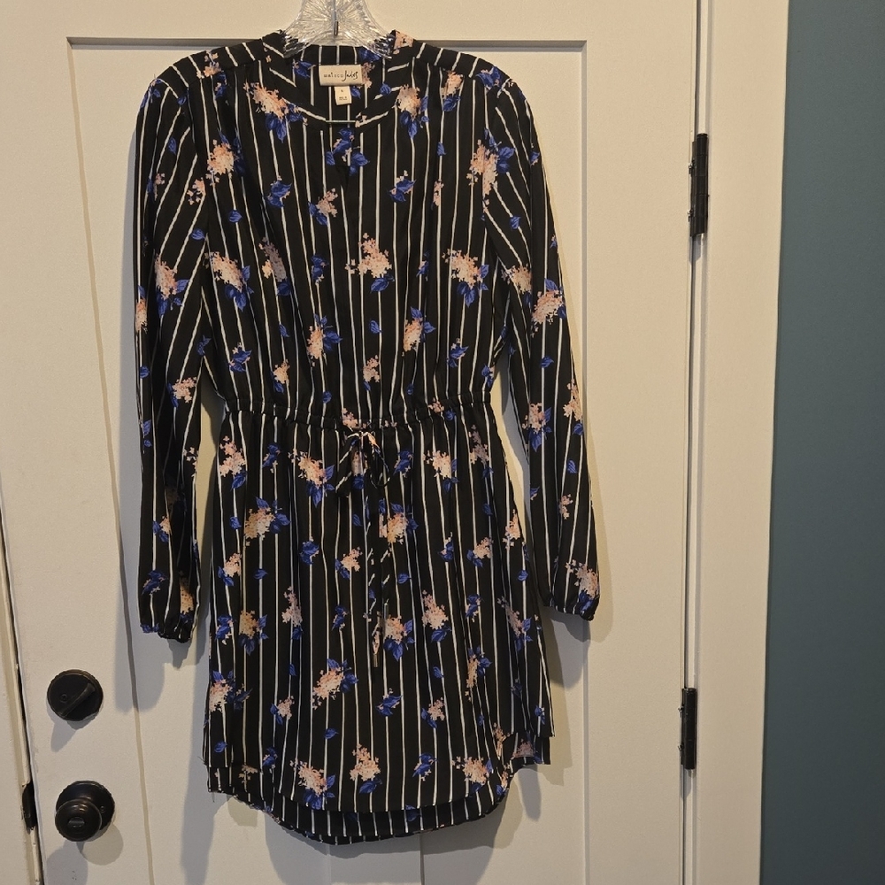 Maison Jules Black With Stripes and Pink Blue Floral Dress S Like New